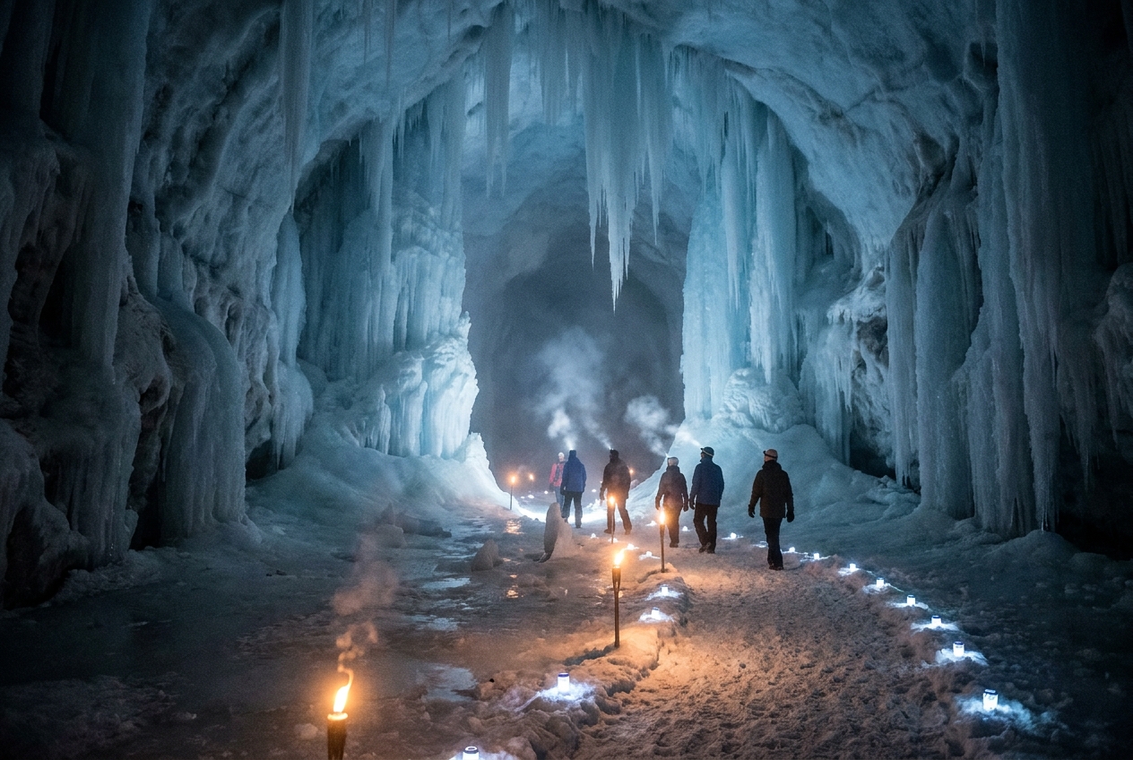Beleuchtete Eishöhle mit blau-weißen Eisformationen