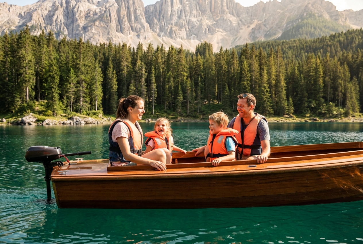 Familie auf einem Boot auf einem Bergsee